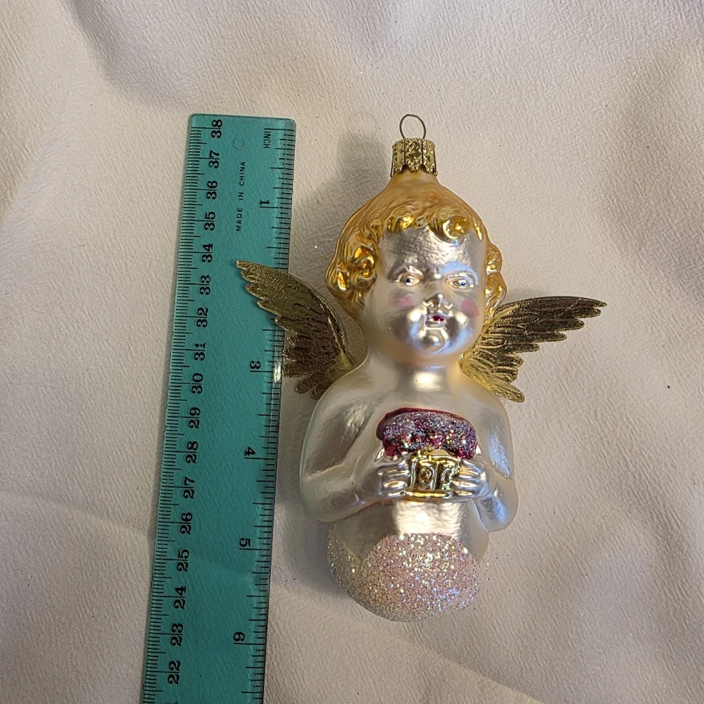 Vintage German Blown Glass Christmas Ornament Angel on a Cloud w Gold Wings EUC